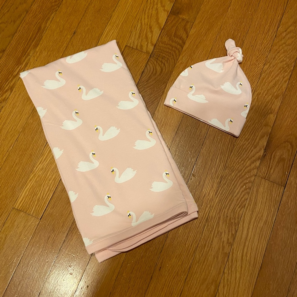 Monica and Andy Royal Swans top knot cap and swaddle